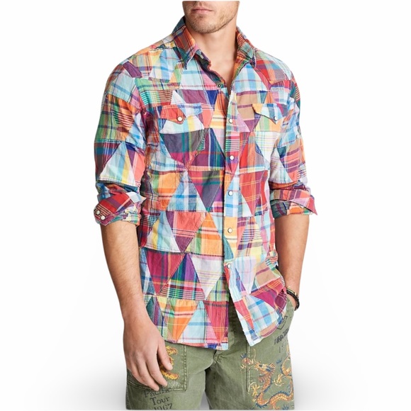 Polo Ralph Lauren Cotton Madras Classic Fit Patchwork Pearl Snap Button Shirt - Picture 10 of 12